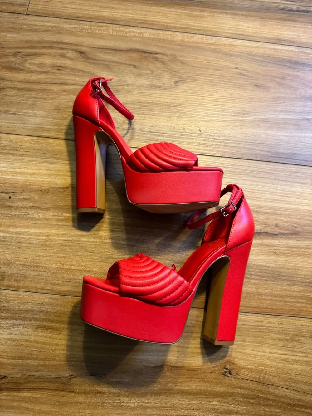 Aldo Bright Red Quilted Platform Ankle-Strap Heels